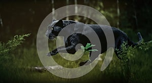 A black panther jumping in the jungle. Generative AI