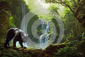 Black Panther in the jungle. A character for advertising cartoons, posters, cards