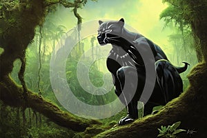 Black Panther in the jungle. A character for advertising cartoons, posters, cards