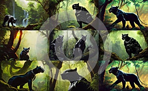 Black Panther in the jungle. A character for advertising cartoons, posters, cards
