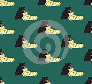 Black panther and Leopard Lover on Green Background. Vector Illustration