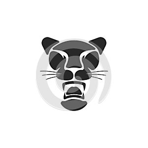 Black panther logo, big cat head with open mouth and sharp fangs, animal silhouette emblem