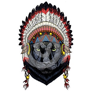 Black panther, puma. Head of animal. Wild cat portrait. Indian traditional headdress.
