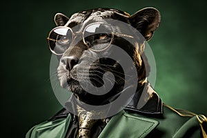 Black panther with sunglasses wearing suit and tie on solid background. Generative AI