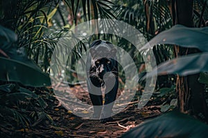 Black panther tropical forest walk. Generate Ai photo