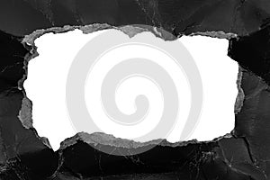 Black paper background with copy space. Hole on a crumpled dark sheet