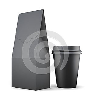 Black paper bag and Cup for lunch on white background. 3d render