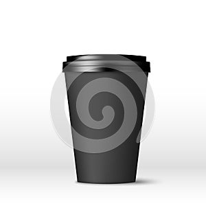 Black paper coffee cup with lid. Coffee to go empty mock up. Vector illustration isolated on white background