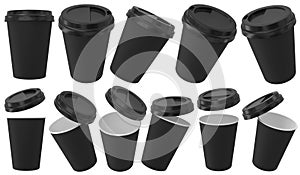 Black paper coffee cups with a lid. Open and closed disposable paper cup realistic mockup. 3D rendered image.