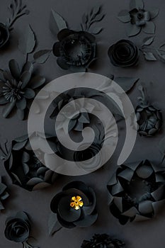 Black paper flowers on Black background. Cut from paper