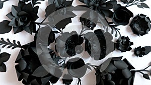 Black paper flowers on a white background are spinning in a circle