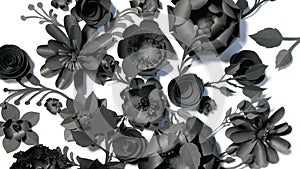 Black paper flowers on a white background are spinning in a circle