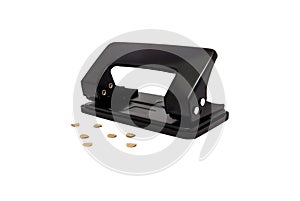 Black paper hole puncher, office tool equipment that is used to create holes in sheets of paper, isolated on a white background,