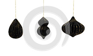 Black paper holiday decorations isolated on white background. Christmas homemade paper toys. Copy space