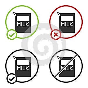 Black Paper package for milk icon isolated on white background. Milk packet sign. Circle button. Vector Illustration