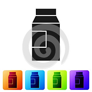 Black Paper package for milk icon isolated on white background. Milk packet sign. Set icons in color square buttons