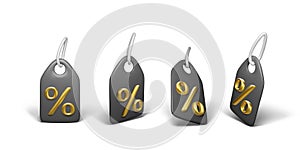 Black paper price tag with golden percent sign