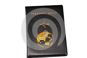 Black passport book with a plane and the globe earth on its cover, travel and tourism concept, universal passport book to protect