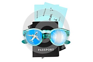 Black passports, boarding pass, flight tickets, sunglasses, plane, sun, sky, summer holidays, vacation, airplane travel, tourism