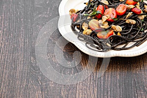 Black pasta Spaghetti alle Vongole Seafood pasta with Clams