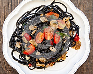 Black pasta Spaghetti alle Vongole Seafood pasta with Clams