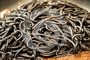 Black pasta squid ink closeup italian taglierini al nero di seppia photo