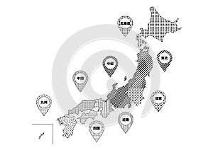 Black pattern Japan map. Vector illustration. Maps and icons divided by region