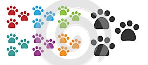 Black Paw print icon isolated on white background. Dog or cat paw print. Animal track. Set icons colorful. Vector