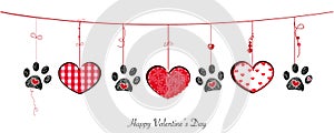 Black paw prints with hanging retro beautiful hearts