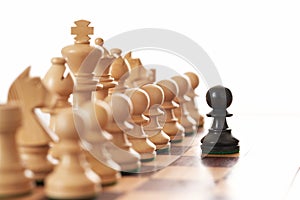 Černý pěšec náročný armáda z bílý šachy kusů 