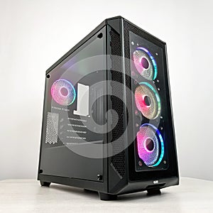 Black PC case with colored lights isolated on white background