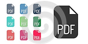 Black PDF file document. Download pdf button icon isolated on white background. PDF file symbol. Set icons colorful