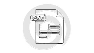 Black PDF file document. Download pdf button line icon on white background. PDF file symbol. 4K Video motion graphic