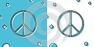 Black Peace sign icon isolated on blue and white background. Hippie symbol of peace. Random dynamic shapes. Vector