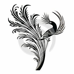 Black Peacock With Roots And Flowers: Monochromatic Graphic Design