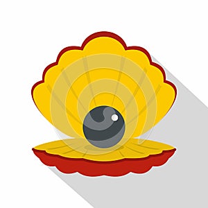 Black pearl in a sea shell icon, flat style