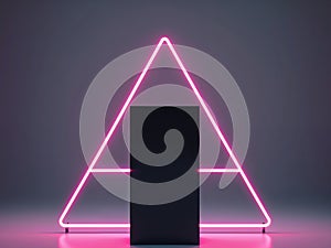 Black pedestal with neon pink light in triangular frame.