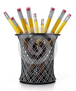 Black pen holder full of pencils isolated on white background. 3D illustration