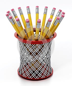 Black pen holder full of pencils isolated on white background. 3D illustration