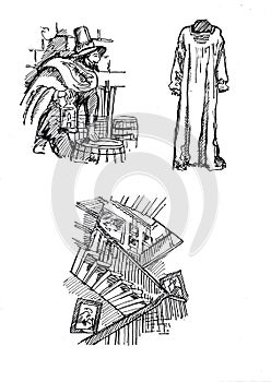 Black pen sketches of Guy Fawkes, a robe and a staircase.