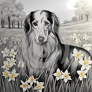 Afghan hound in a meadow in daffodils