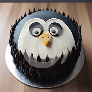 Black Penguin Cake On Wooden Table - Vray Tracing Style