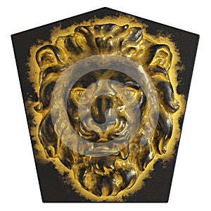Black pentagonal slab with a basrelief lion's head in black and gold. Front view. 3d rendering