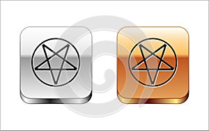 Black Pentagram in a circle icon isolated on white background. Magic occult star symbol. Silver-gold square button