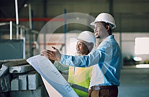 Black people, architect and blueprint for project management in construction, planning or teamwork on site. African man