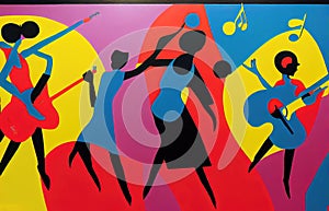 black people dancing and playing jazz, modern art illustration, ai generated image