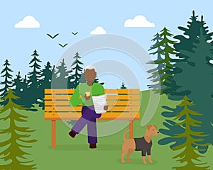 Black people sit bench, walk dog wild outdoor natural park flat vector illustration. Male character rest clean garden