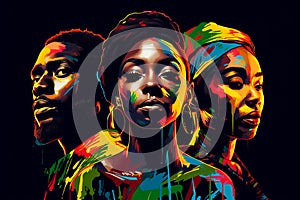 Black People in Vibrant Colors on a Black Background, Black matters. AI Generated photo