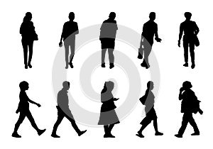 Black people walking collection on white background, Silhouette men and women  set