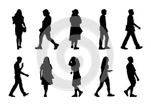 Black people walking on white background, Silhouette men and women  set